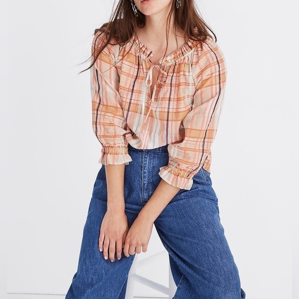 Madewell Wilton Plaid Print Tie-Neck Ruffle Sleeve Silk Blend Top Size Small